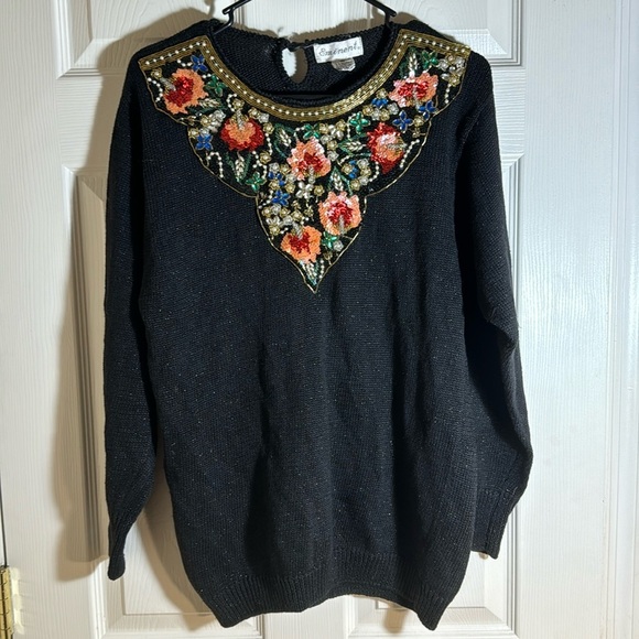 Eminent Vintage 80’s Embellished Sweater Black Sparkly Floral Sequins‎ & Beads - Picture 1 of 11